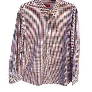 Izod Mens Long Sleeve Button Up Red/Navy/White Plaid Cotton Classic Fit Shirt L